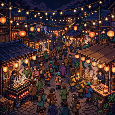 a bustling night market with food stalls and paper lanterns, steam rising from grills, crowds browsing, strings of lights overhead. Rendered as
