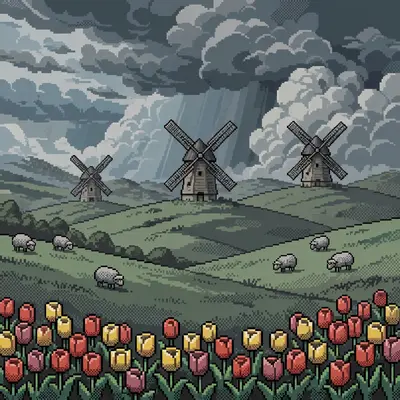 rolling green fields with classic windmills turning slowly, tulips in the foreground, sheep grazing, big fluffy clouds in a blue sky. Rendered as