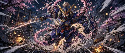 a mecha knight wreathed in cherry blossoms rendered in crisp digital anime style, frozen mid-action with bold motion lines and flying debris