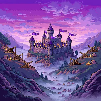 a medieval castle under siege at dawn, banners flying, catapults on the hillside, torches along the walls, mist in the valley. Rendered as 16-bit