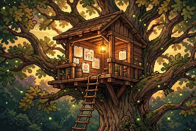 a wooden treehouse high in an ancient oak, rope ladder hanging down, warm lantern light, kids drawings pinned to the walls, fireflies around