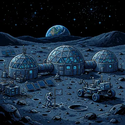 a moon base with domed habitats and a rover, Earth rising over the horizon, an astronaut planting a flag, stars sharp in black sky. Rendered as