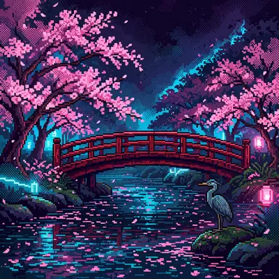 a river lined with cherry blossom trees in full bloom, petals floating on the water, a red bridge arched over it, a heron standing still. Rendered as