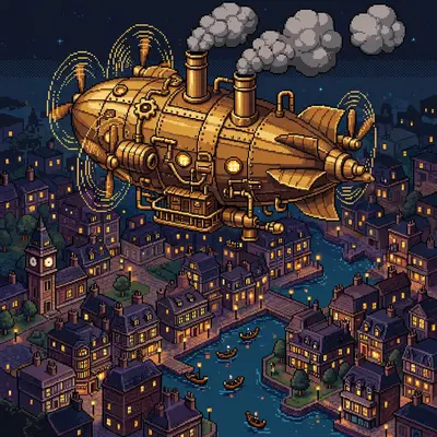 a brass steampunk airship floating over a Victorian city, propellers spinning, smokestacks puffing, tiny gondolas drifting below. Rendered as 16-bit