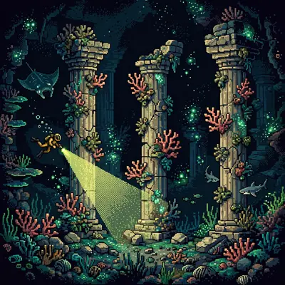 sunken ancient ruins reclaimed by coral, a diver with a flashlight, rays and small sharks circling marble columns. Rendered as 16-bit pixel art with