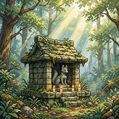 a moss-covered stone shrine deep in a misty forest, candles flickering, a stone fox statue, sunbeams breaking through the canopy. Rendered as 16-bit