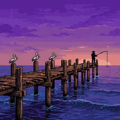 an old wooden pier stretching into a sunset ocean, a fisherman silhouetted at the end, pelicans on the posts, waves lapping the pylons. Rendered as