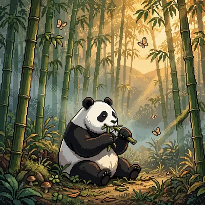 a giant panda munching bamboo in a misty grove, dappled light through tall stalks, butterflies drifting. Rendered as 16-bit pixel art with chunky