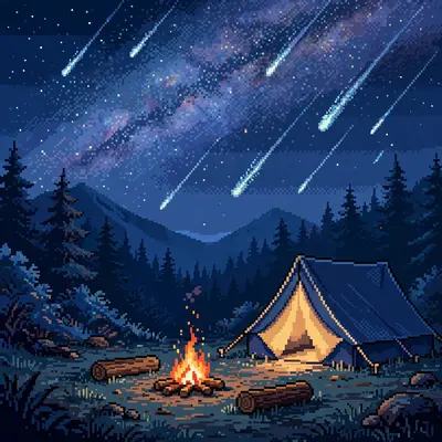 a campsite under a meteor shower, a tent glowing from inside, a campfire with two logs for seats, the Milky Way blazing above. Rendered as 16-bit