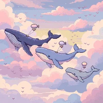 giant whales swimming through pastel clouds at sunset, tiny airships tethered to their backs, birds scattering. Rendered as 16-bit pixel art with