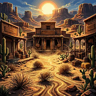 a desert frontier town at high noon, cacti and tumbleweeds, a saloon with swinging doors, heat haze rising off the dusty street. Rendered as 16-bit