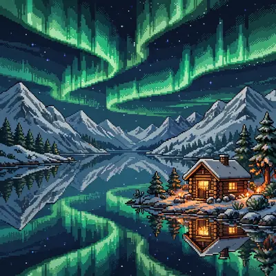 a fjord under the northern lights, still water mirroring green ribbons, a lone cabin with a lit window, snowy peaks around. Rendered as 16-bit pixel