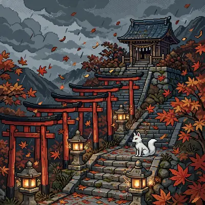 a fox spirit shrine in peak autumn, red torii gates, maple leaves swirling, stone lanterns lit, a white fox watching from the steps. Rendered as