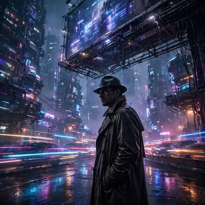 Cinematic frame of a rain-soaked detective under a buzzing billboard, rendered in cinematic cyberpunk realism amid towering megacity blocks