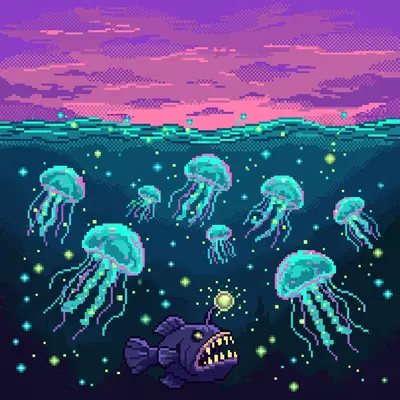 a swarm of glowing jellyfish in the deep sea, an anglerfish lurking below, bioluminescent plankton drifting like stars. Rendered as 16-bit pixel art