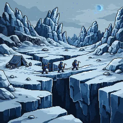 climbers with ice axes crossing a glacier, deep blue crevasses, a supply tent, jagged ice seracs against a pale sky. Rendered as 16-bit pixel art