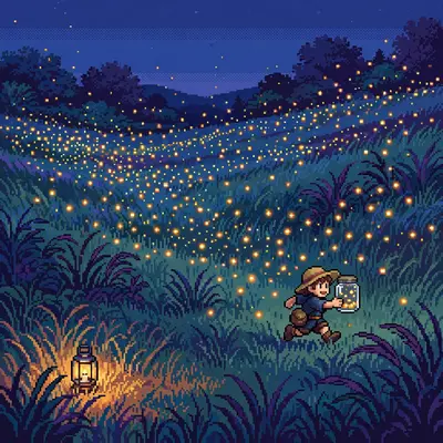 a summer meadow at blue hour with thousands of fireflies, a child chasing them with a jar, tall grass swaying. Rendered as 16-bit pixel art with