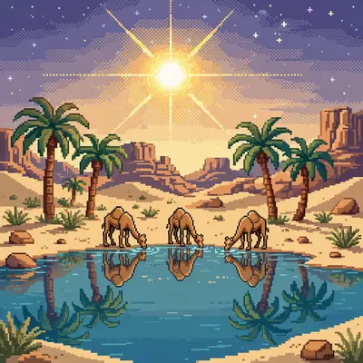 a desert oasis at dusk, palm trees reflected in still water, camels drinking, the first stars appearing. Rendered as 16-bit pixel art with chunky