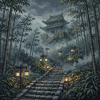 an ancient temple emerging from bamboo forest mist, stone steps worn smooth, monks lanterns glowing along the path. Rendered as 16-bit pixel art with