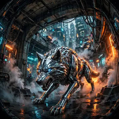 blade-runner-inspired cinematic style depiction of a chrome wolf prowling the underpass, caught between flickering signs and steam vents