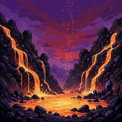 rivers of lava cascading down black cliffs into a glowing lake, obsidian rocks, embers rising into a dark red sky. Rendered as 16-bit pixel art with