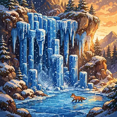 a waterfall frozen mid-cascade into blue ice columns, snow falling gently, a fox crossing the icy pool below. Rendered as 16-bit pixel art with