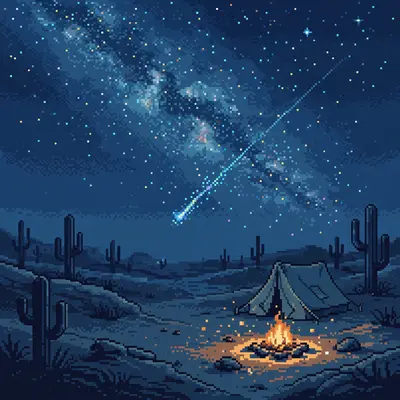 a desert night with the Milky Way overhead, a lone tent and campfire, cacti silhouettes, a shooting star. Rendered as 16-bit pixel art with chunky