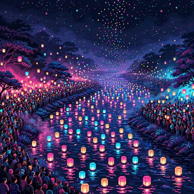hundreds of paper lanterns floating down a night river, crowds on both banks, reflections shimmering on the water. Rendered as 16-bit pixel art with