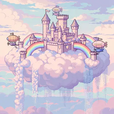 a castle built on a massive cloud, rainbow bridges, airships docking at towers, waterfalls of cloud spilling off the edges. Rendered as 16-bit pixel
