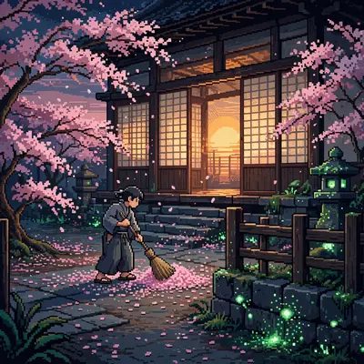 a dojo courtyard at dawn with cherry blossoms, a student sweeping petals, the sun rising behind paper screens. Rendered as 16-bit pixel art with
