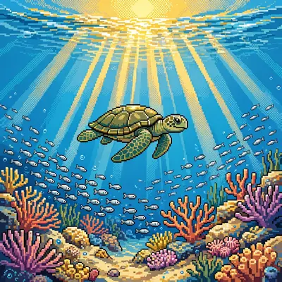 a sea turtle gliding over a coral reef at golden hour underwater, sun rays through the water, a school of silver fish parting. Rendered as 16-bit