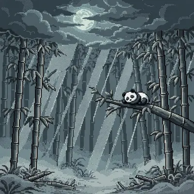 a bamboo forest under a full moon, moonlight striping the stalks, a panda sleeping on a branch, mist at the ground. Rendered as 16-bit pixel art with