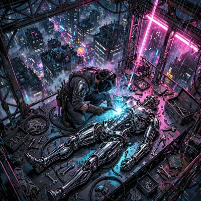 Moody neon-drenched comic art style scene: a mechanic welding a chrome exoskeleton, the city humming behind them. Harsh magenta and cyan key lights