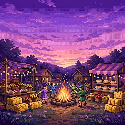 a village harvest festival with hay bales and string lights, a bonfire, dancers, stalls of apples and pies. Rendered as 16-bit pixel art with chunky