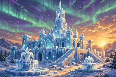 a palace carved entirely from ice, refracting aurora light, frozen fountains, a queens silhouette in the tallest tower. Rendered as 16-bit pixel art