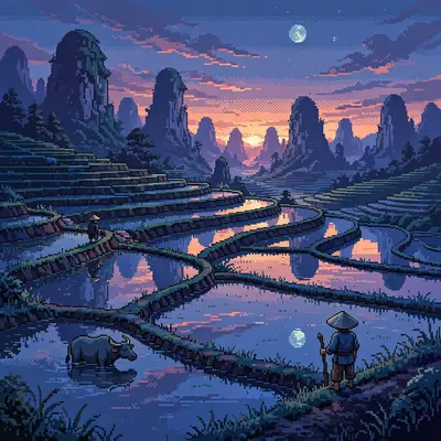 terraced rice fields at sunset filled with mirror-still water, farmers with conical hats, water buffalo, distant karst peaks. Rendered as 16-bit