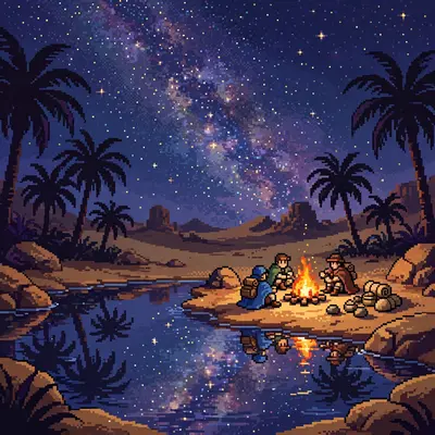 an oasis pool under a starry desert sky, palm silhouettes, a campfire with travelers, reflections of the Milky Way in the water. Rendered as 16-bit