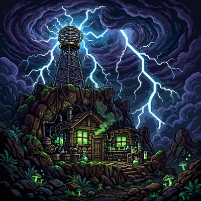 a Tesla-coil tower crackling with lightning on a cliff, a mad scientists lab below, storm clouds swirling. Rendered as 16-bit pixel art with chunky