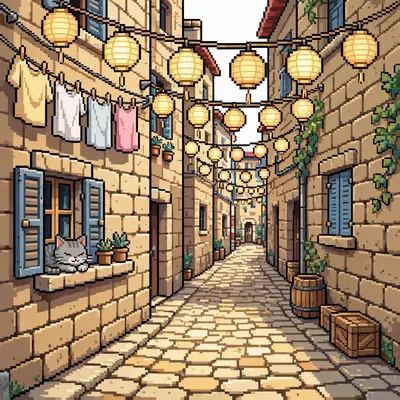 a narrow old-town alley strung with paper lanterns, a cat on a windowsill, laundry lines, warm glow on cobblestones. Rendered as 16-bit pixel art