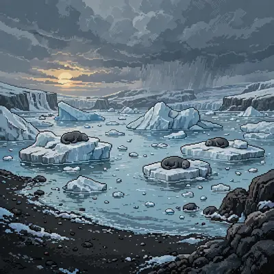 icebergs floating in a milky-blue glacier lagoon, seals resting on the ice, black sand beach, low arctic sun. Rendered as 16-bit pixel art with