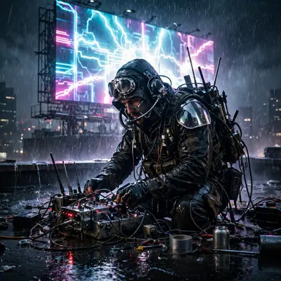 a signal pirate broadcasting from a rooftop rendered in sci-fi concept art, chrome glinting under the downpour. Electric billboard backlight set a