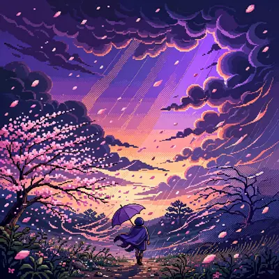 cherry blossom petals whipping through the air in a spring storm, a lone figure with an umbrella, dark clouds parting. Rendered as 16-bit pixel art