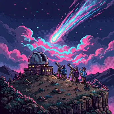 a hilltop observatory watching a bright comet streak across the sky, astronomers with telescopes, the comets tail lighting the clouds. Rendered as