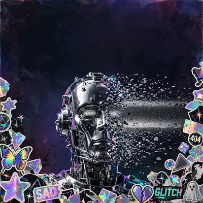 Square 1:1 album cover artwork: a chrome robot head dissolving into TV static, holographic stickers, blown-out flash photography, pure hyperpop