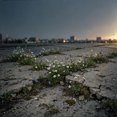 Square 1:1 album cover artwork: wildflowers cracking through a city sidewalk, film grain, soft overcast daylight, pure indie energy. Raw flash-photo