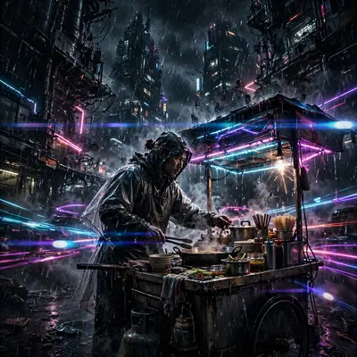 High-octane dark tech-noir illustration artwork of a noodle vendor under flickering neon signs, motion frozen amid the storm. Low-key chiaroscuro