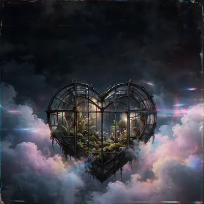Square 1:1 album cover artwork: a heart-shaped greenhouse floating in pastel clouds, soft lens flares, pure dream pop energy. VHS-degraded texture