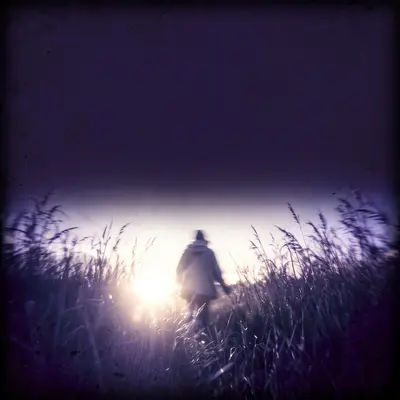 Square 1:1 album cover artwork: a blurred figure in a field of tall grass, overexposed sunlight, heavy film grain, pure shoegaze energy