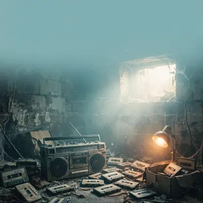 Square 1:1 album cover artwork: a dusty basement with a boombox and cassette tapes, one warm lamp, VHS tracking lines, pure lo-fi energy. Soft analog