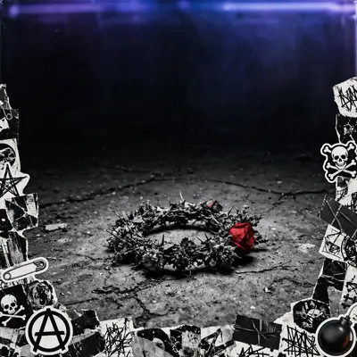 Square 1:1 album cover artwork: a wilted flower crown on cracked concrete, harsh flash, black and white with one red accent, pure post-punk energy